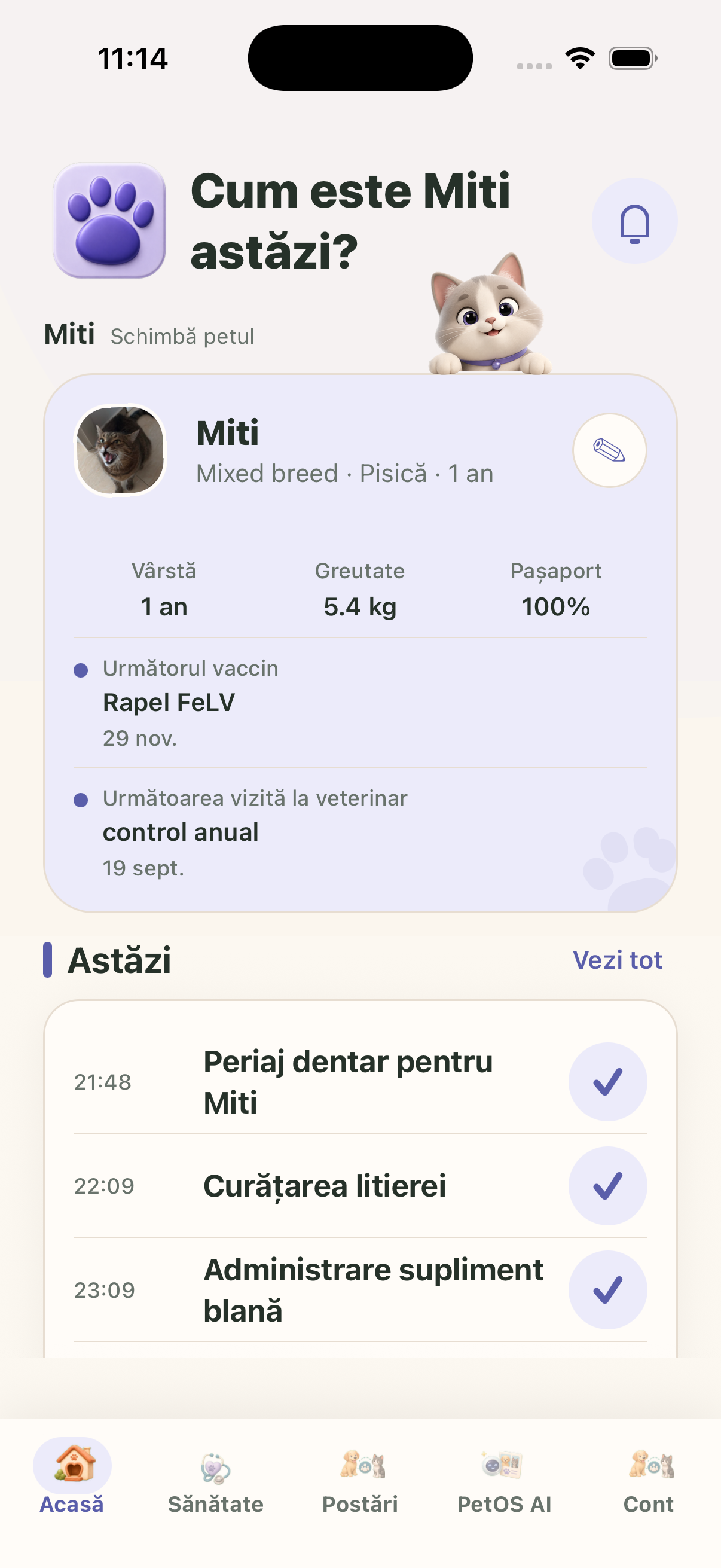 Ecranul principal PetOS în limba română, cu profilul pisicii Miți, următorul vaccin, vizita la veterinar și sarcinile zilei