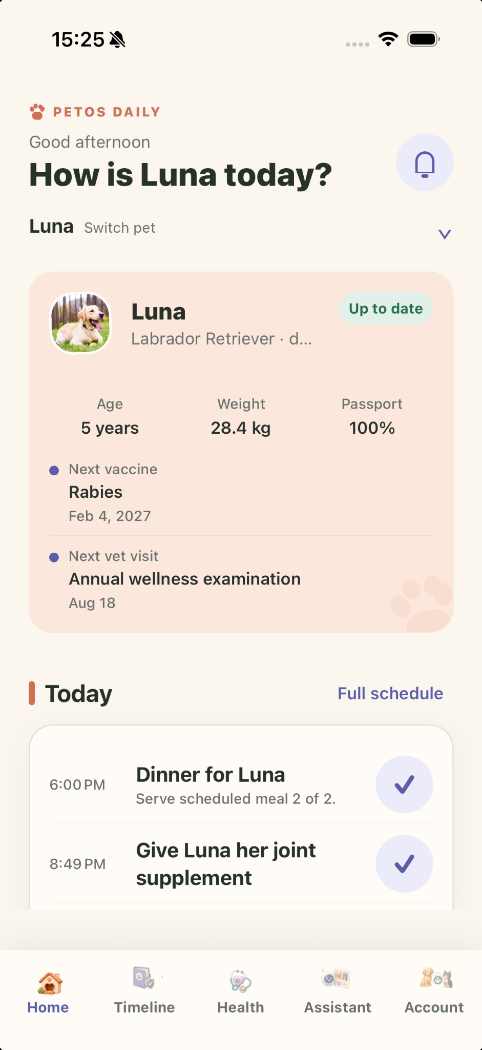 PetOS home screen showing Luna's care dashboard, records, and reminders